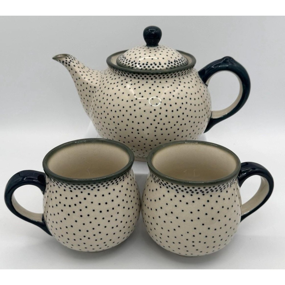 3 Piece Boleslawcu Polish‎ Pottery Teapot & Bubble Mugs Green Polka Dot Unikat